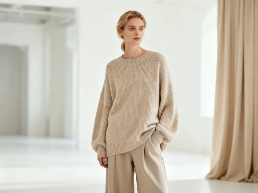 Kobieta w beżowym swetrze typu oversize i szerokich spodniach, prezentująca luźny styl w minimalistycznym wnętrzu.