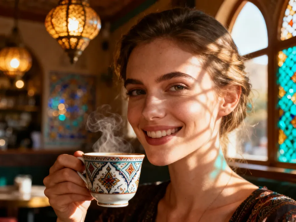 Uśmiechnięta kobieta z herbatą w przytulnej kawiarni w stylu bliskowschodnim, podkreślająca ciepły klimat kultury arabskiej.