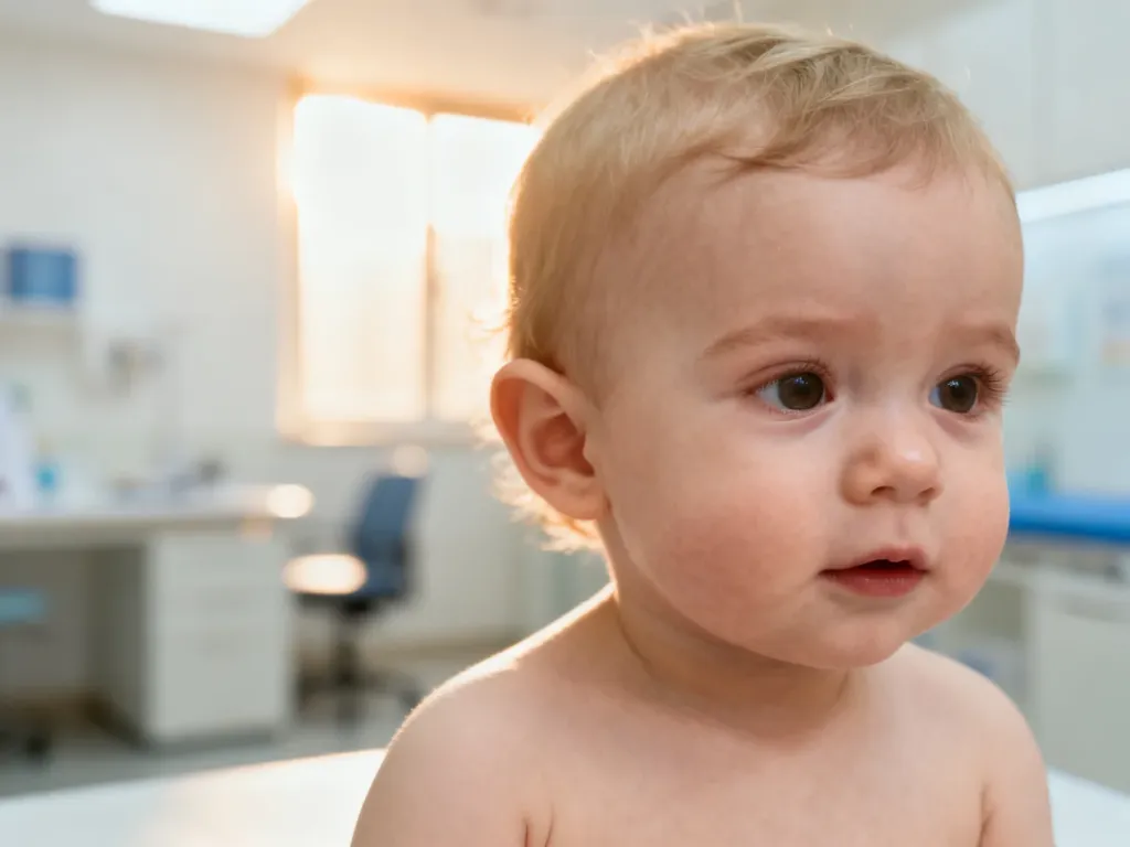 Zdrowe, prawidłowo rozwijające się małe dziecko w gabinecie pediatrycznym.