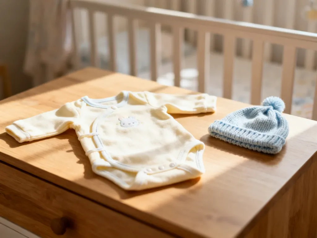 Zestaw miękkich ubranek dla noworodka w pastelowych kolorach, ułożonych na drewnianym blacie w przytulnym pokoju dziecięcym.