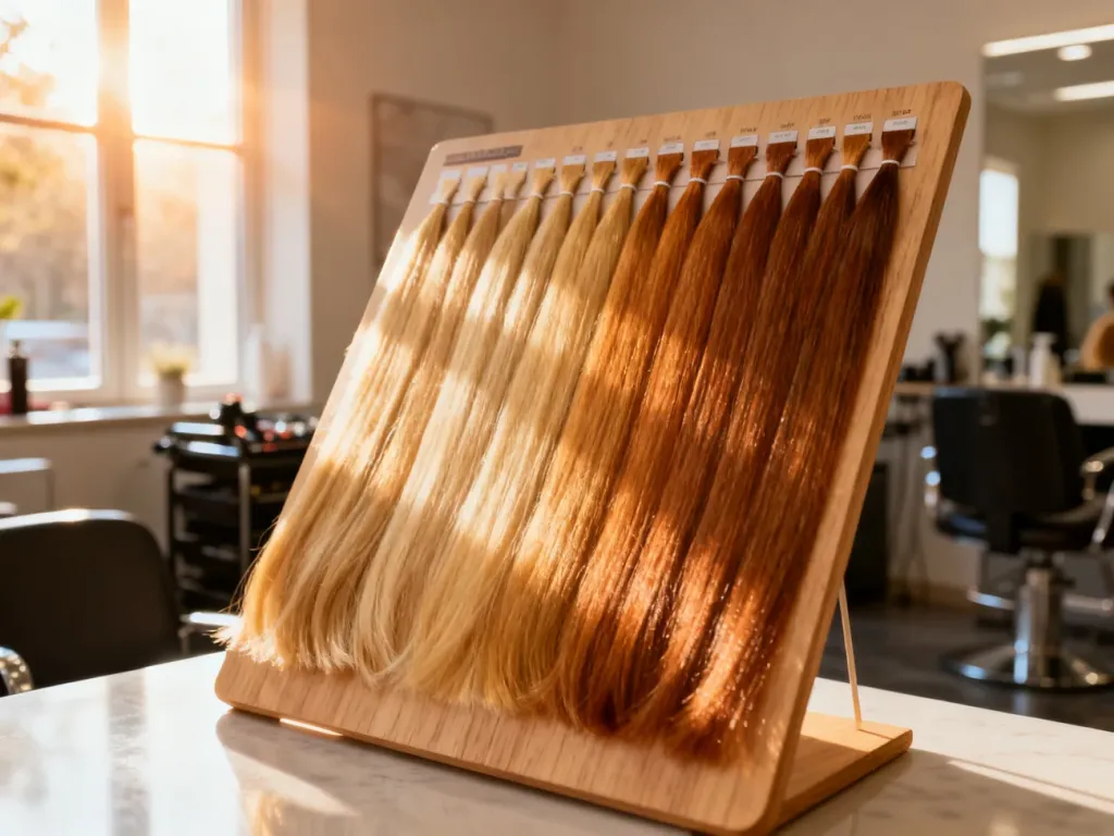 Paleta odcieni ciepłego blondu i karmelu w profesjonalnym salonie fryzjerskim, pomagająca w wyborze odmładzającej koloryzacji.