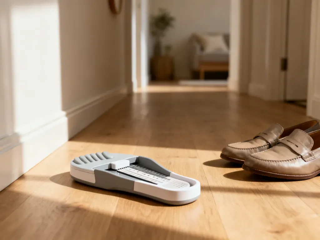 Profesjonalna miarka do stóp obok skórzanych butów na drewnianej podłodze, pomagająca w precyzyjnym doborze rozmiaru obuwia.