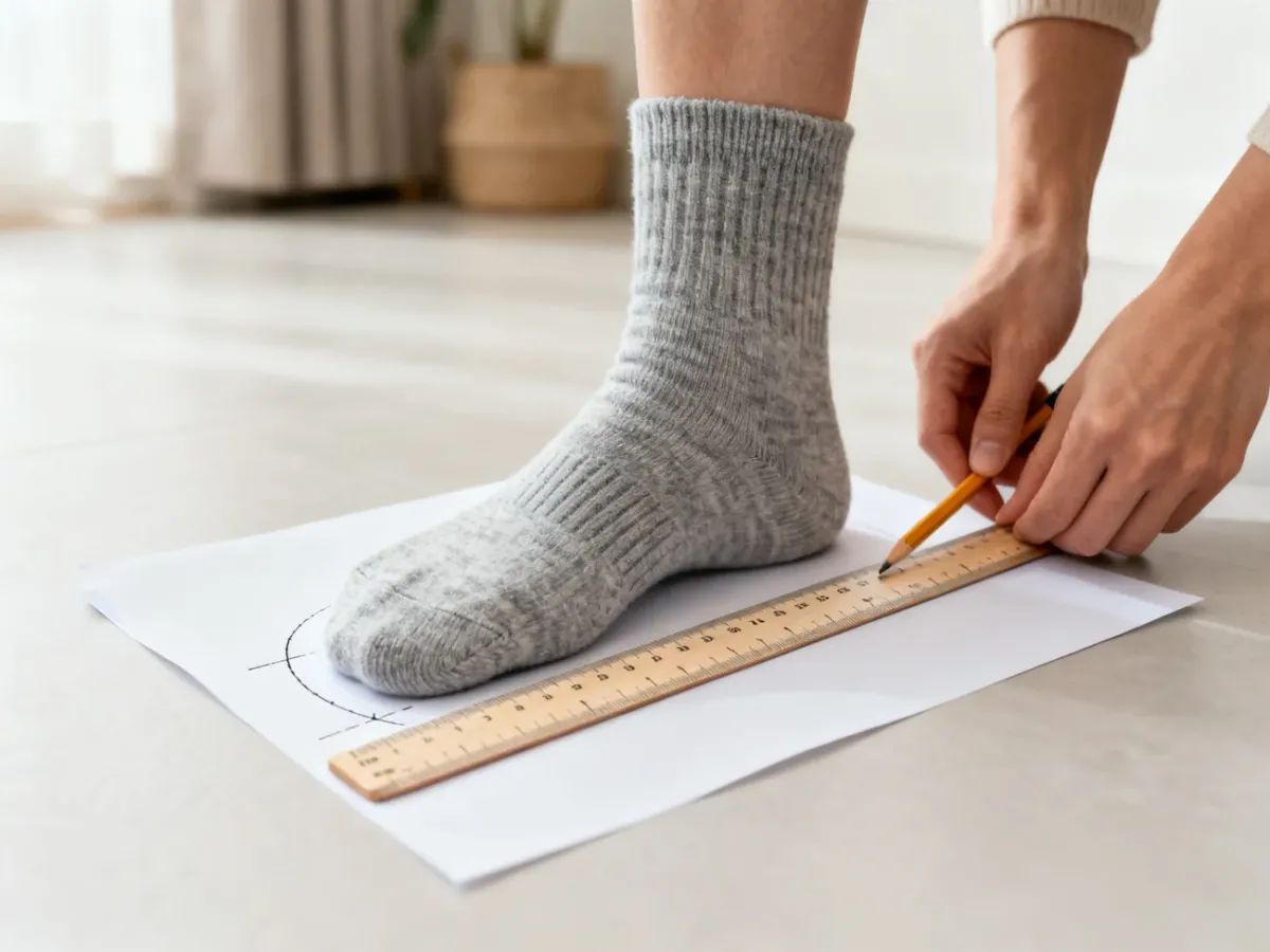 Pomiar długości stopy linijką na kartce papieru