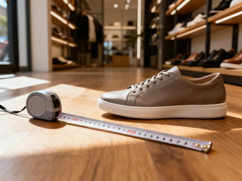 Miarka krawiecka leżąca obok skórzanego sneakersa na drewnianej podłodze, ilustrująca sposób mierzenia długości stopy.