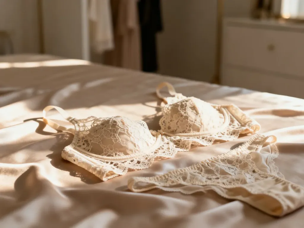 Zbliżenie na delikatną, koronkową tkaninę bielizny ułożoną na jedwabnym materiale, podkreślające elegancję i jakość wykonania.