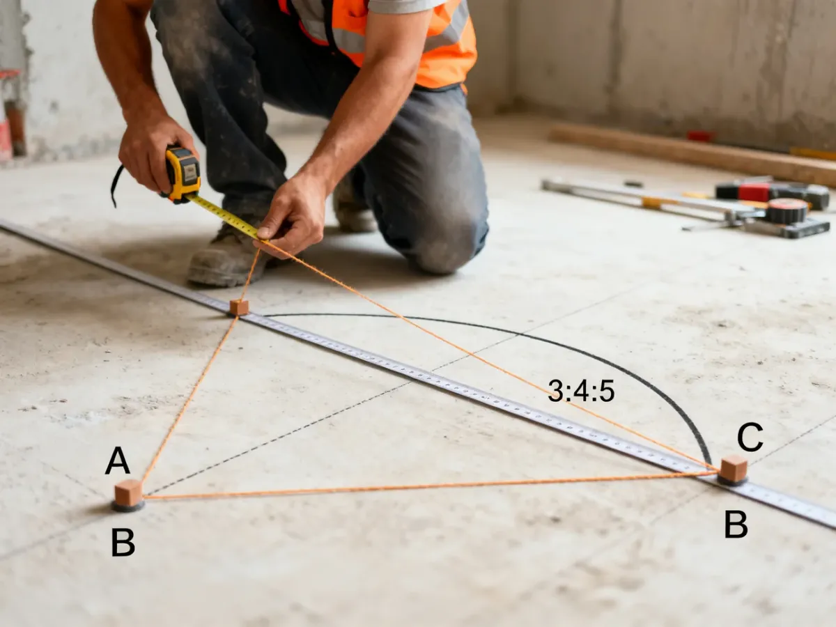 Wyznaczanie kąta prostego metodą trójkąta 3:4:5 na placu budowy