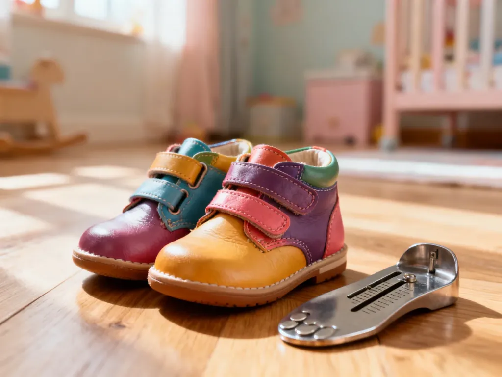 Kolorowe dziecięce buty skórzane obok profesjonalnej miarki do stóp na drewnianej podłodze w przytulnym pokoju.