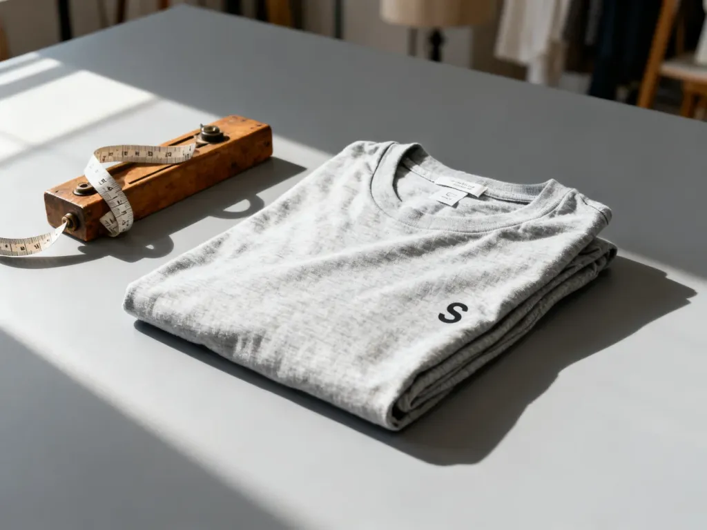Złożony bawełniany T-shirt w rozmiarze S obok krawieckiej miarki na minimalistycznym tle.