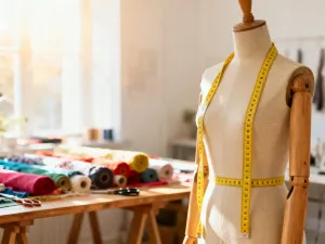 Miarka krawiecka leżąca na próbkach materiałów i jeansu, symbolizująca profesjonalne podejście do wyboru spodni.