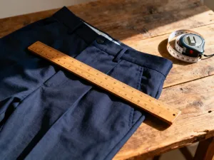 Krawiecka miarka i manekin na drewnianym stole, ilustrujące proces profesjonalnego zdejmowania miary z dziecka.